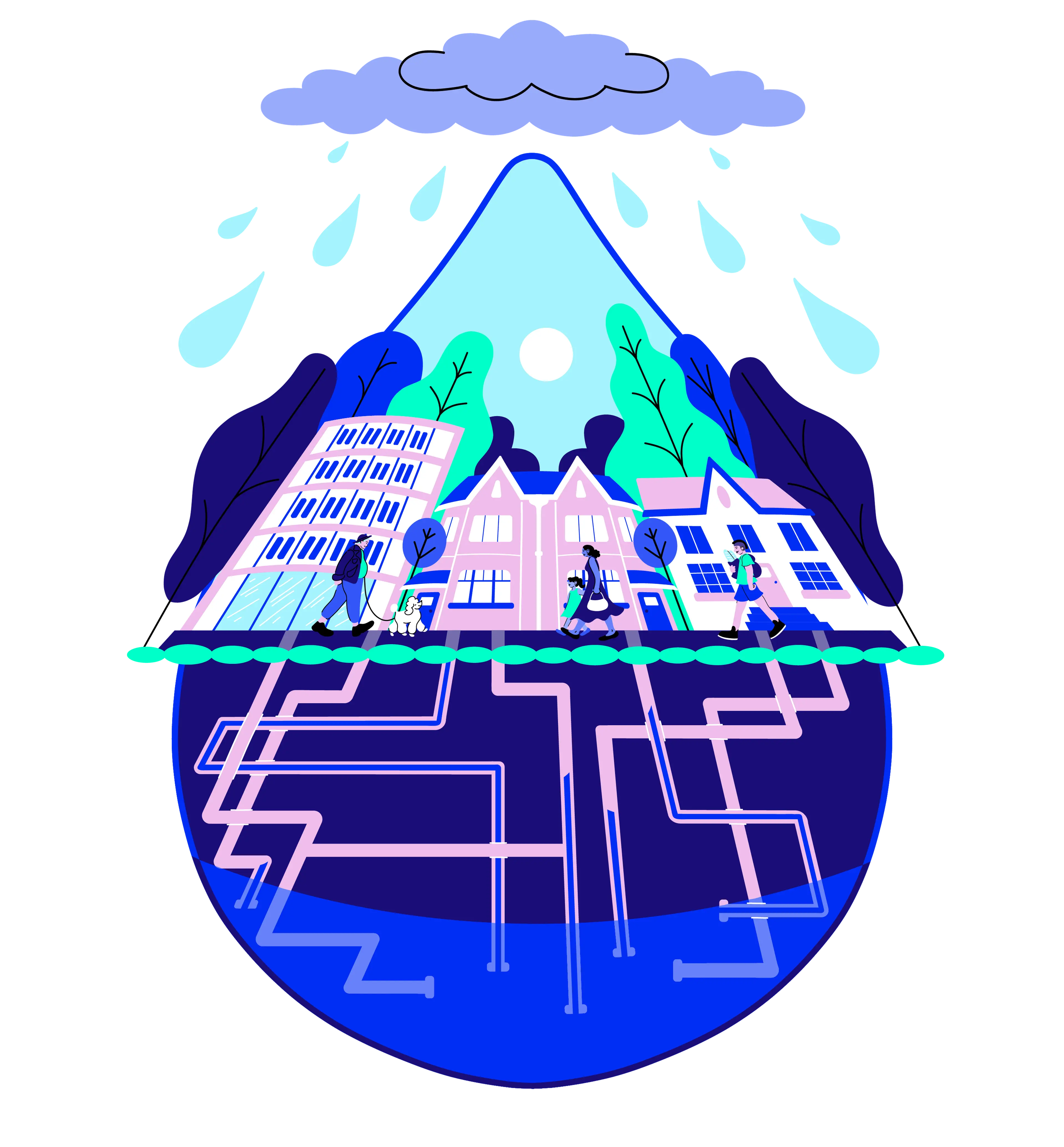 Group of people in different uniforms and clothing gathered inside a stylized blue water droplet.