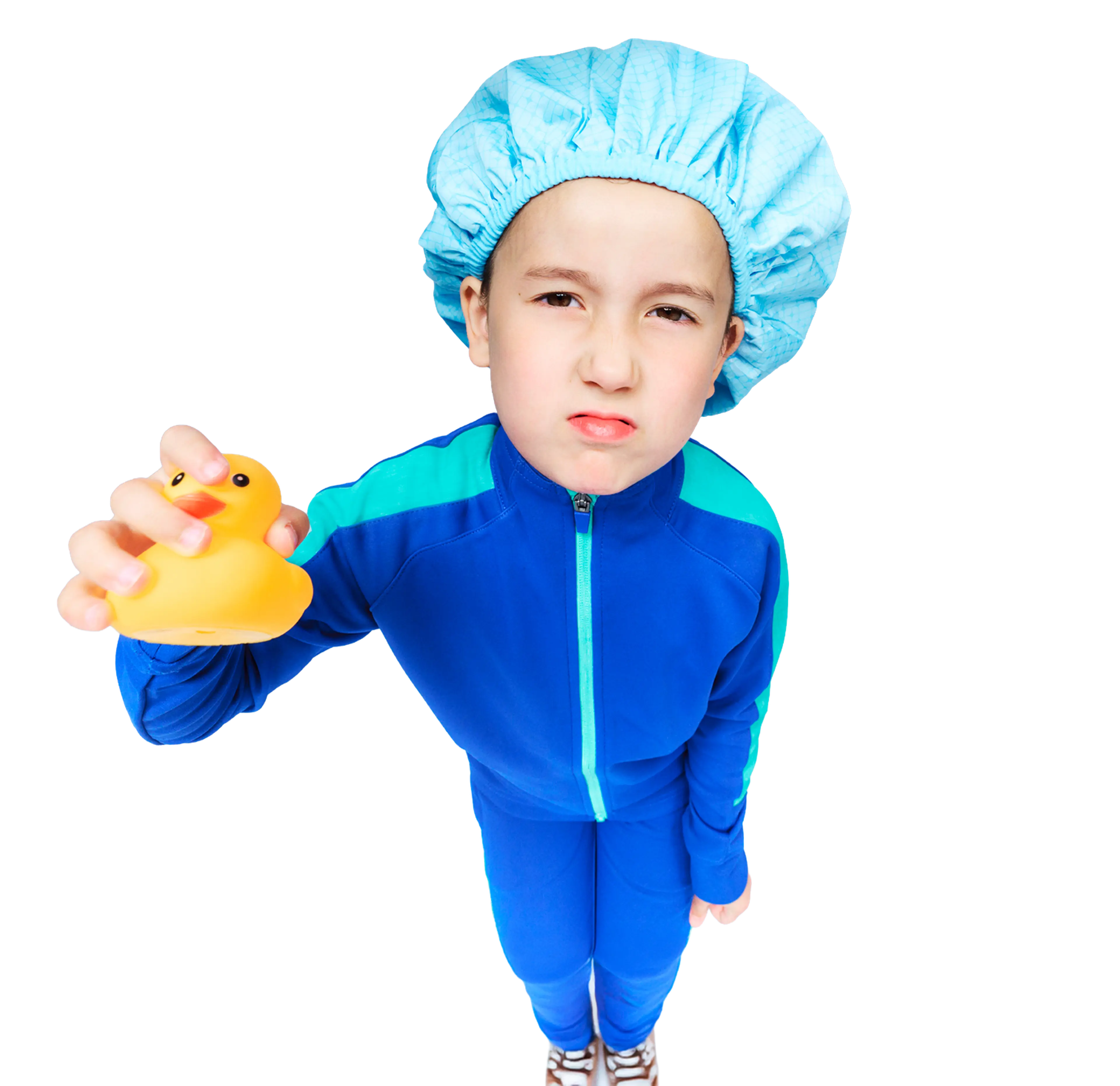 Group of people in different uniforms and clothing gathered inside a stylized blue water droplet.